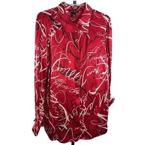 Vintage Miss Tina Women's Size 18W Red 100% Silk Script Print Button Up Blouse